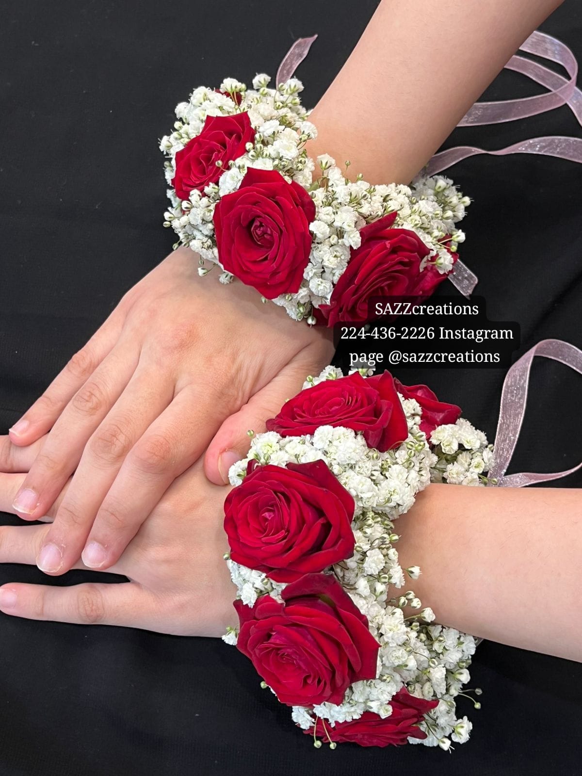 Red rose and baby's breath floral wrist bracelets