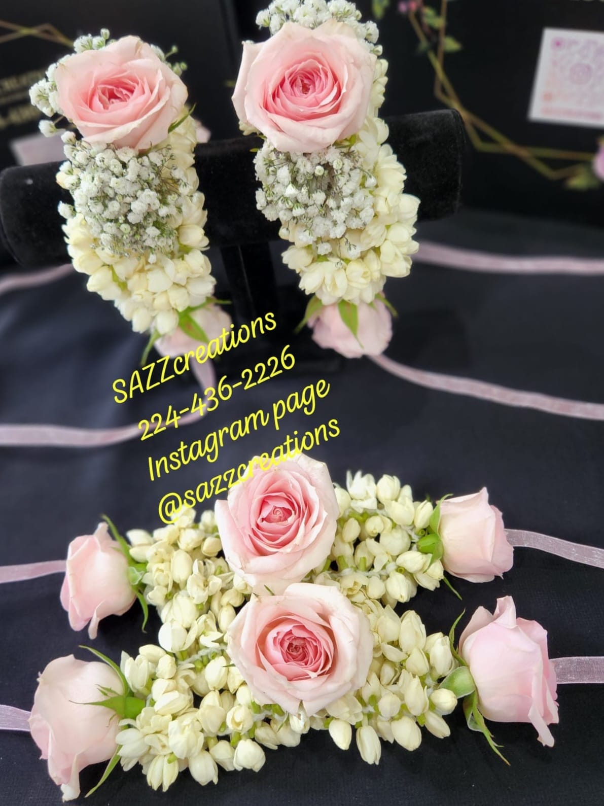 Blush pink rose and fresh jasmine hand gajrey pair with baby's breath