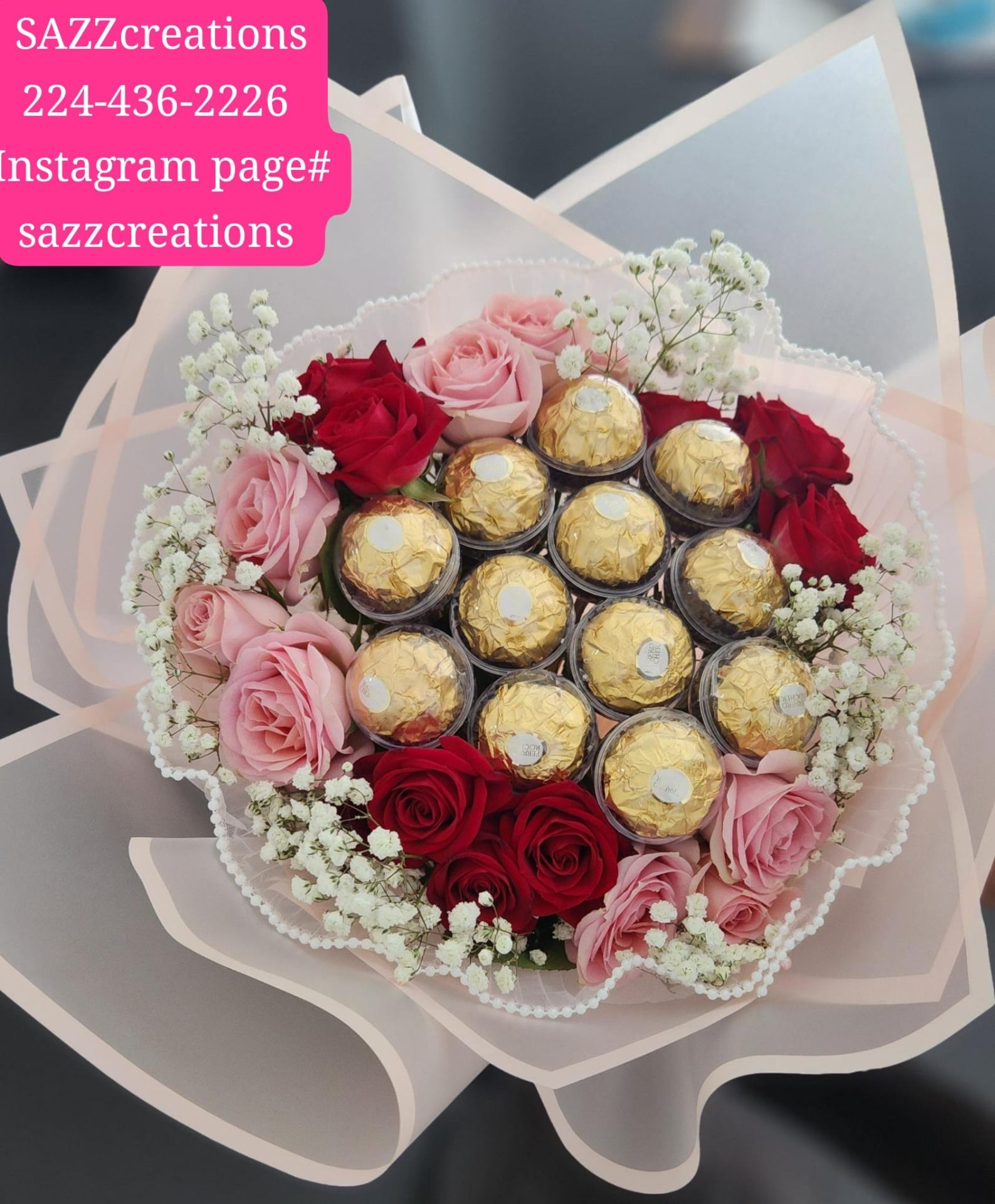 Ferrero Rocher chocolate bouquet with pink and red roses