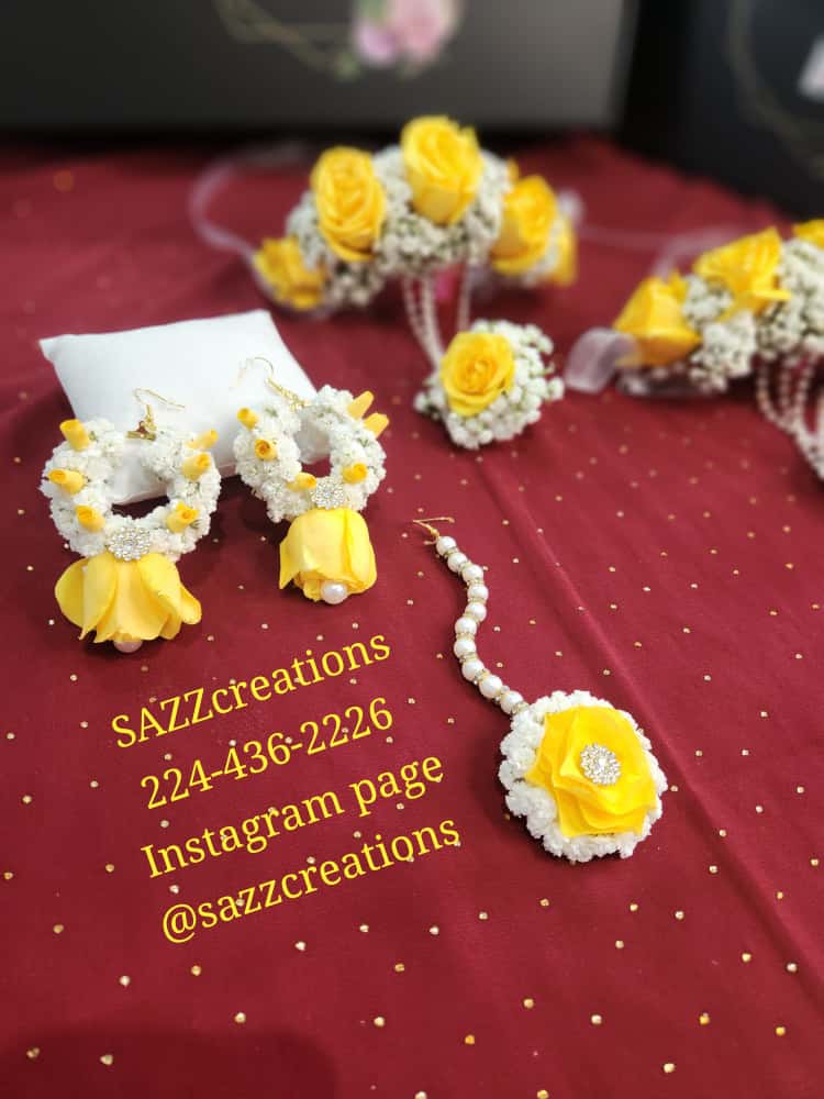 Yellow rose hand bracelet, earrings and tikka set