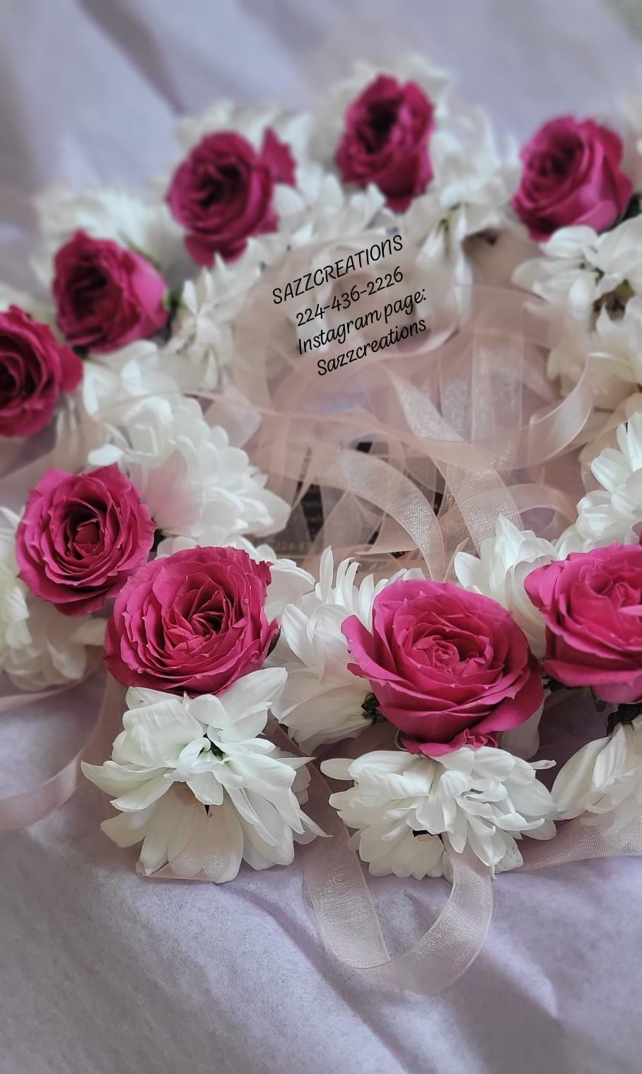 Magenta rose and white chrysanthemum hand gajrey with pink ribbons