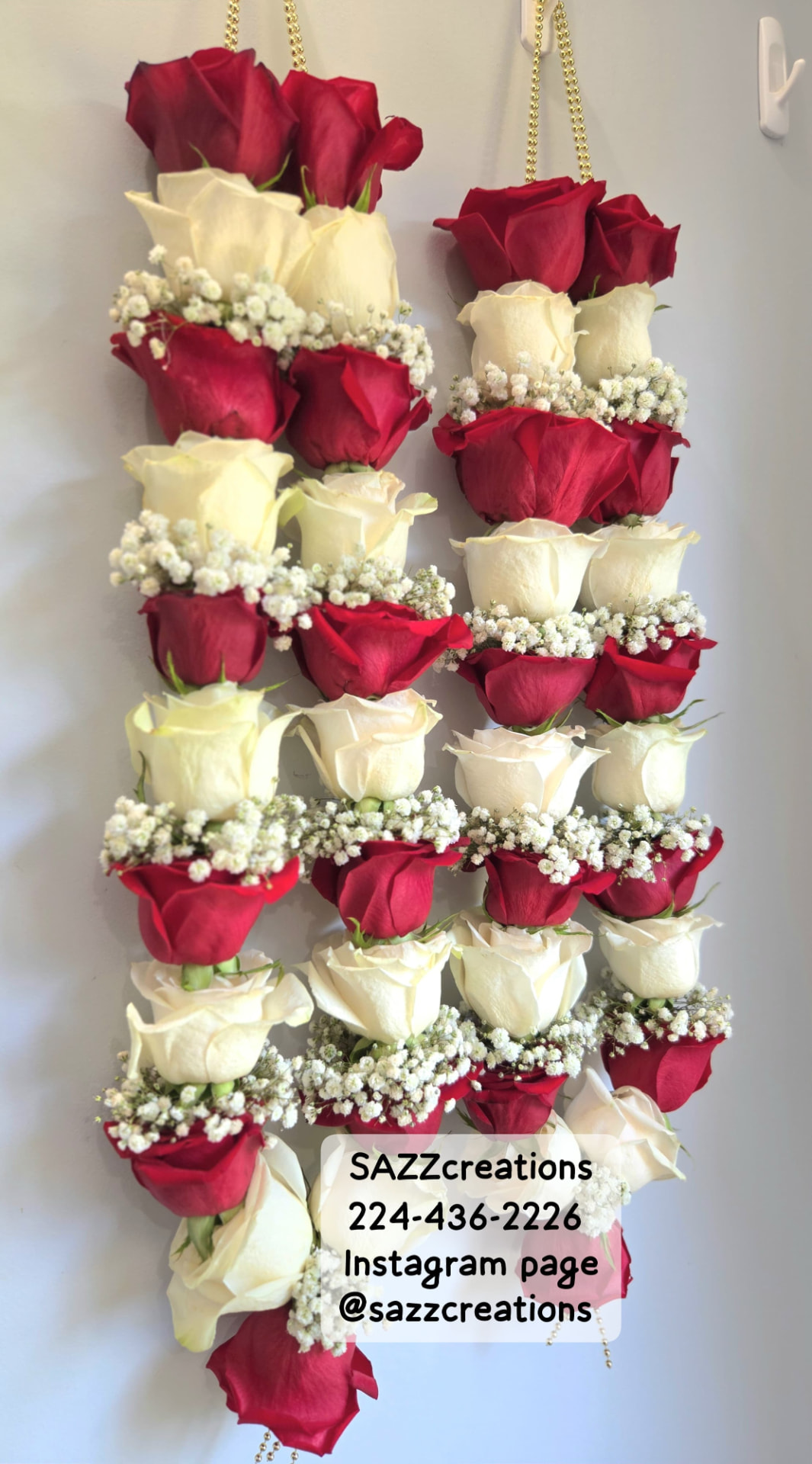Hanging red and white rose haar pair with baby's breath and gold chains