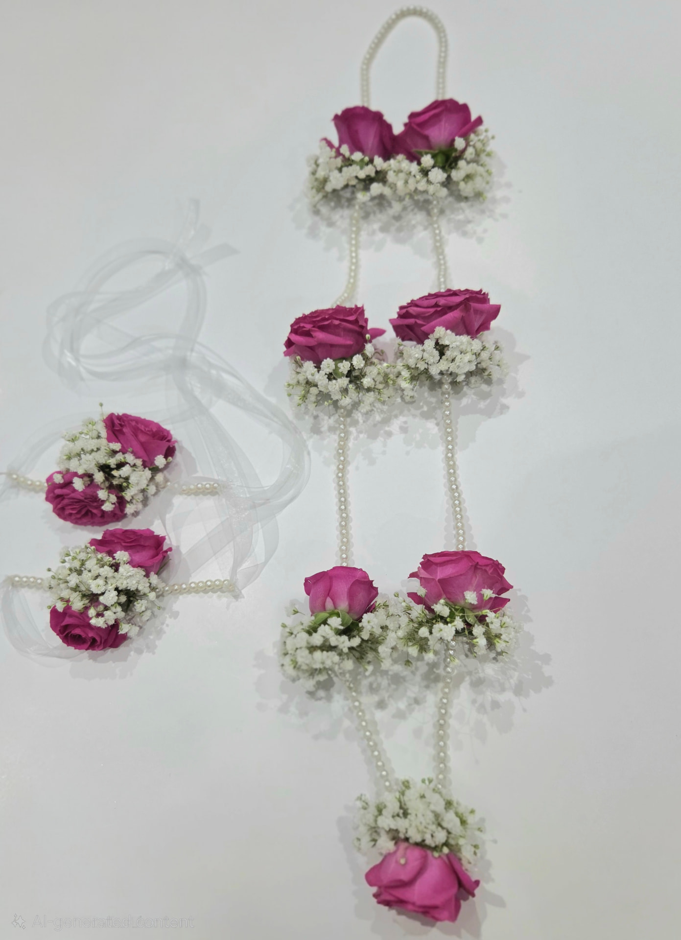Magenta rose and baby's breath hand gajrey set with pearl strands and matching wrist pieces