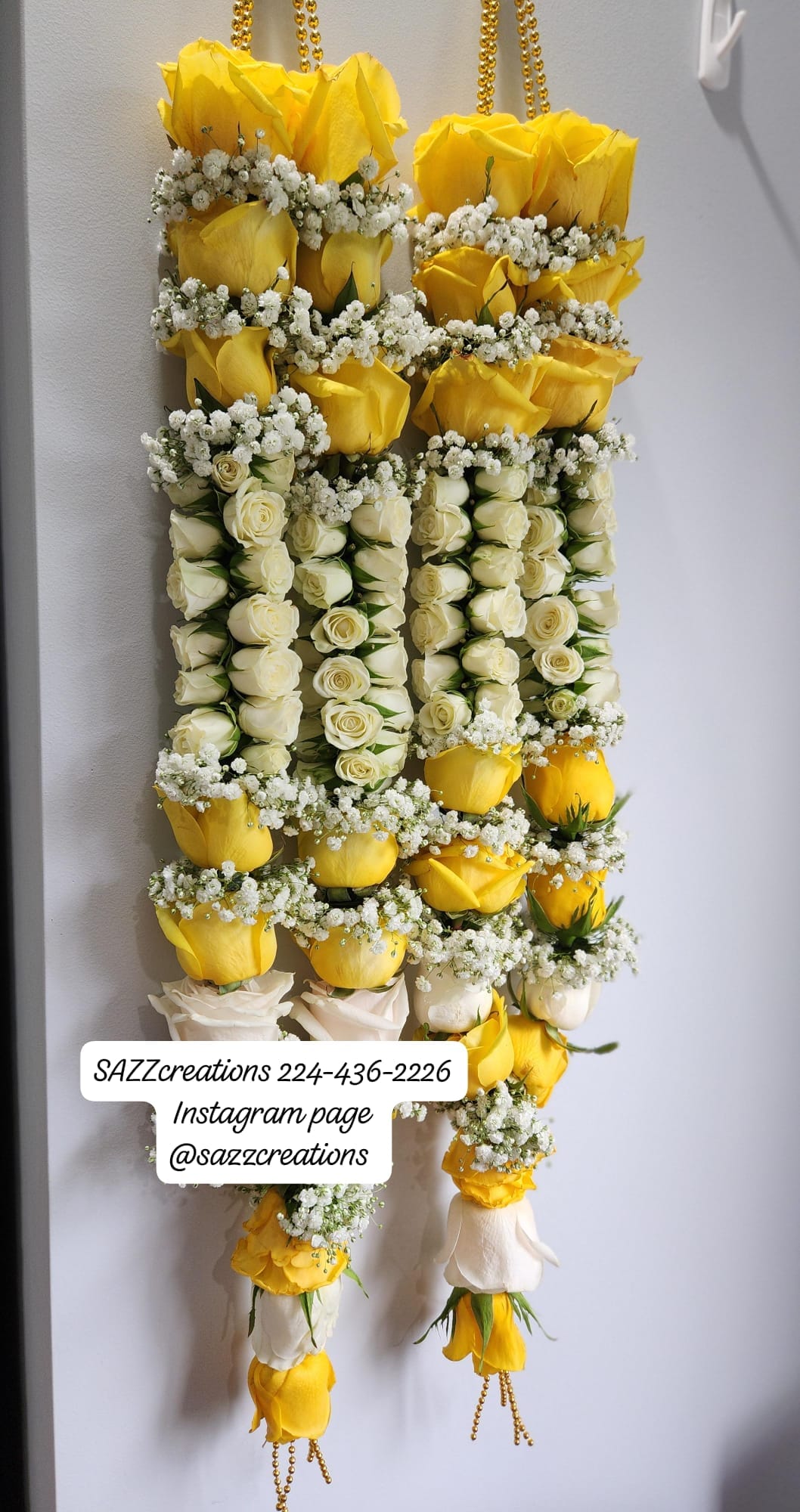 Yellow and white rose varmala garland with baby's breath
