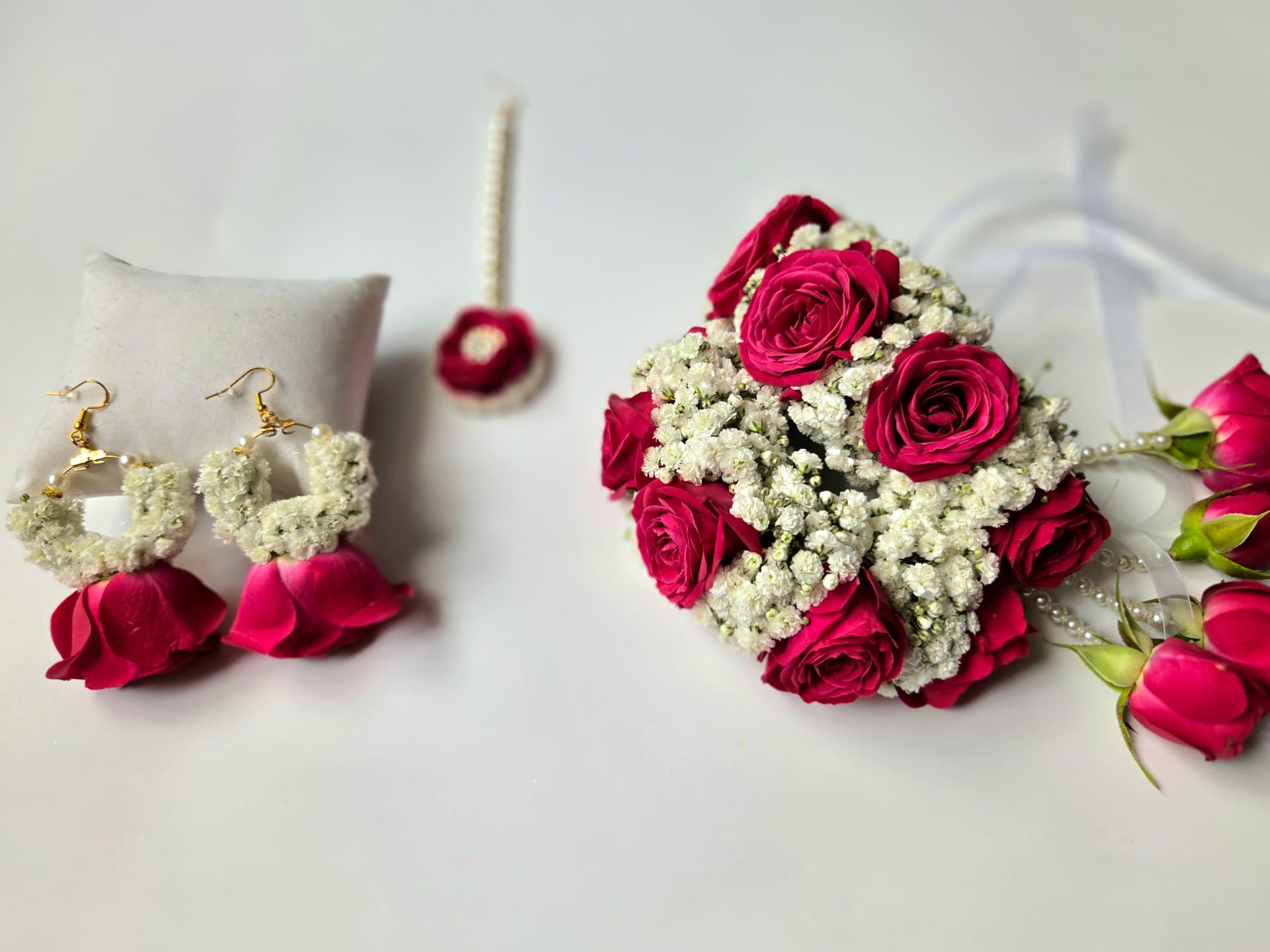 Deep pink rose and baby's breath floral set with earrings, tikka and pearl bracelet