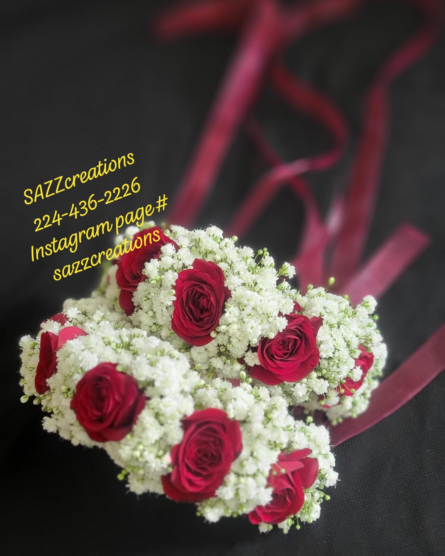 Deep red rose and baby's breath wrist bracelet set with maroon ribbons