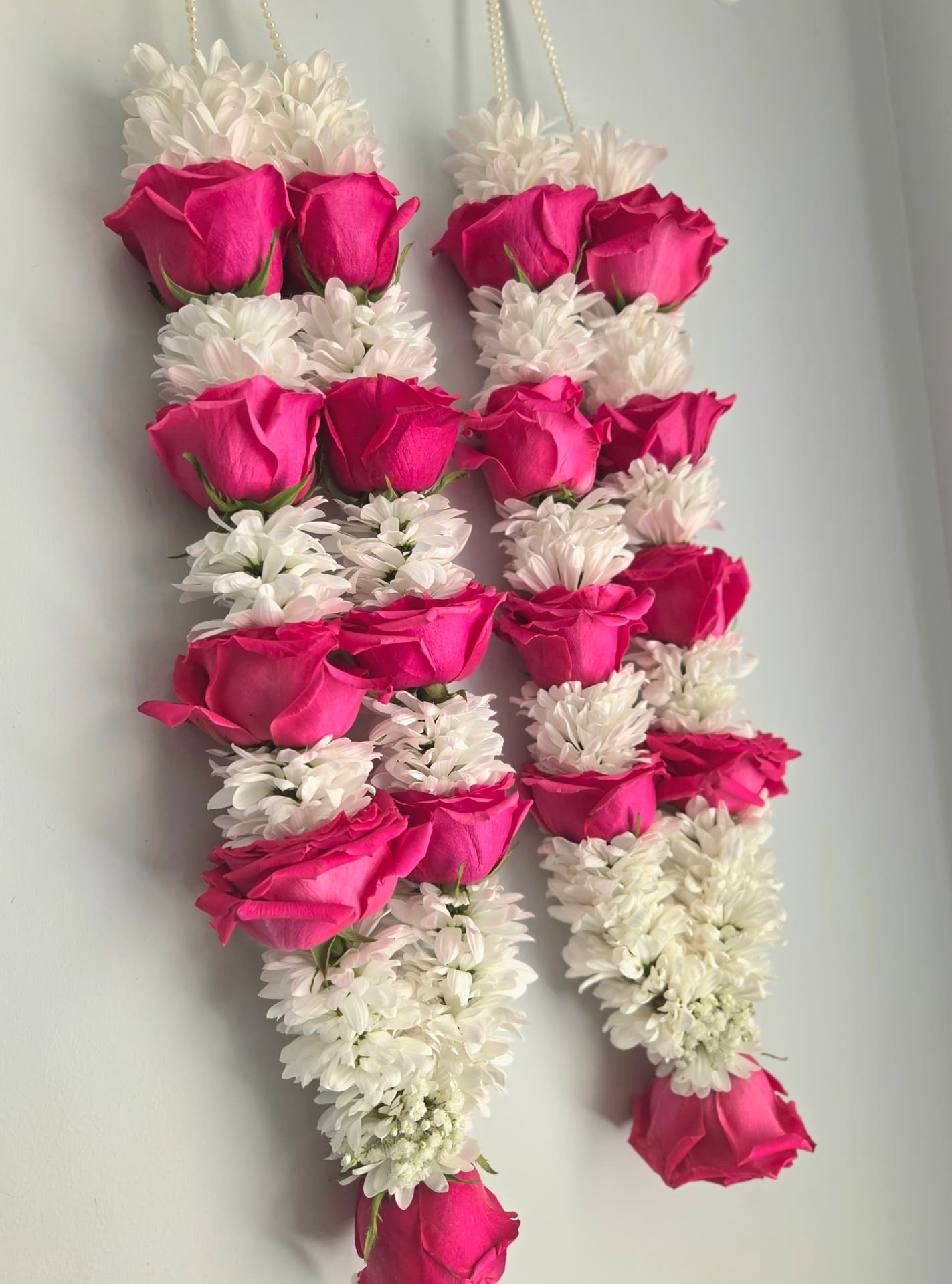 Fuchsia pink rose and white chrysanthemum wedding garland pair