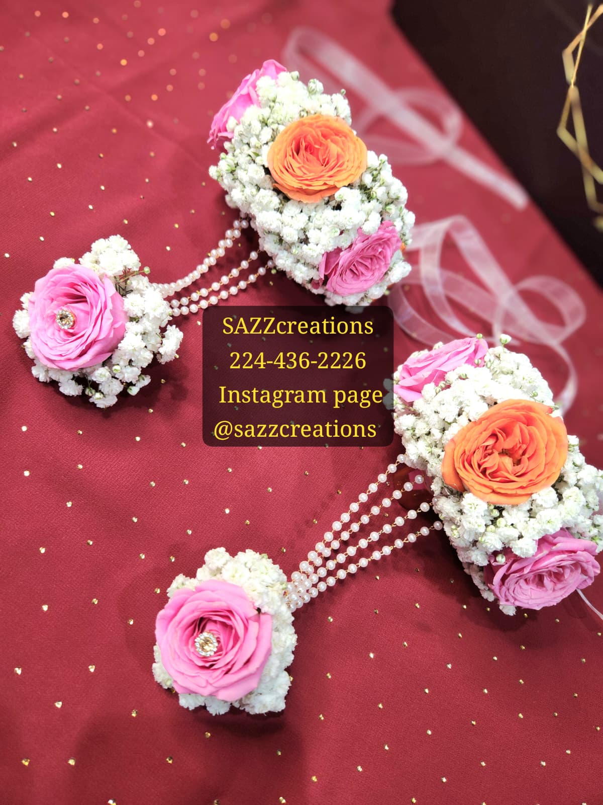 Pink and orange rose hand bracelets with pearl strands