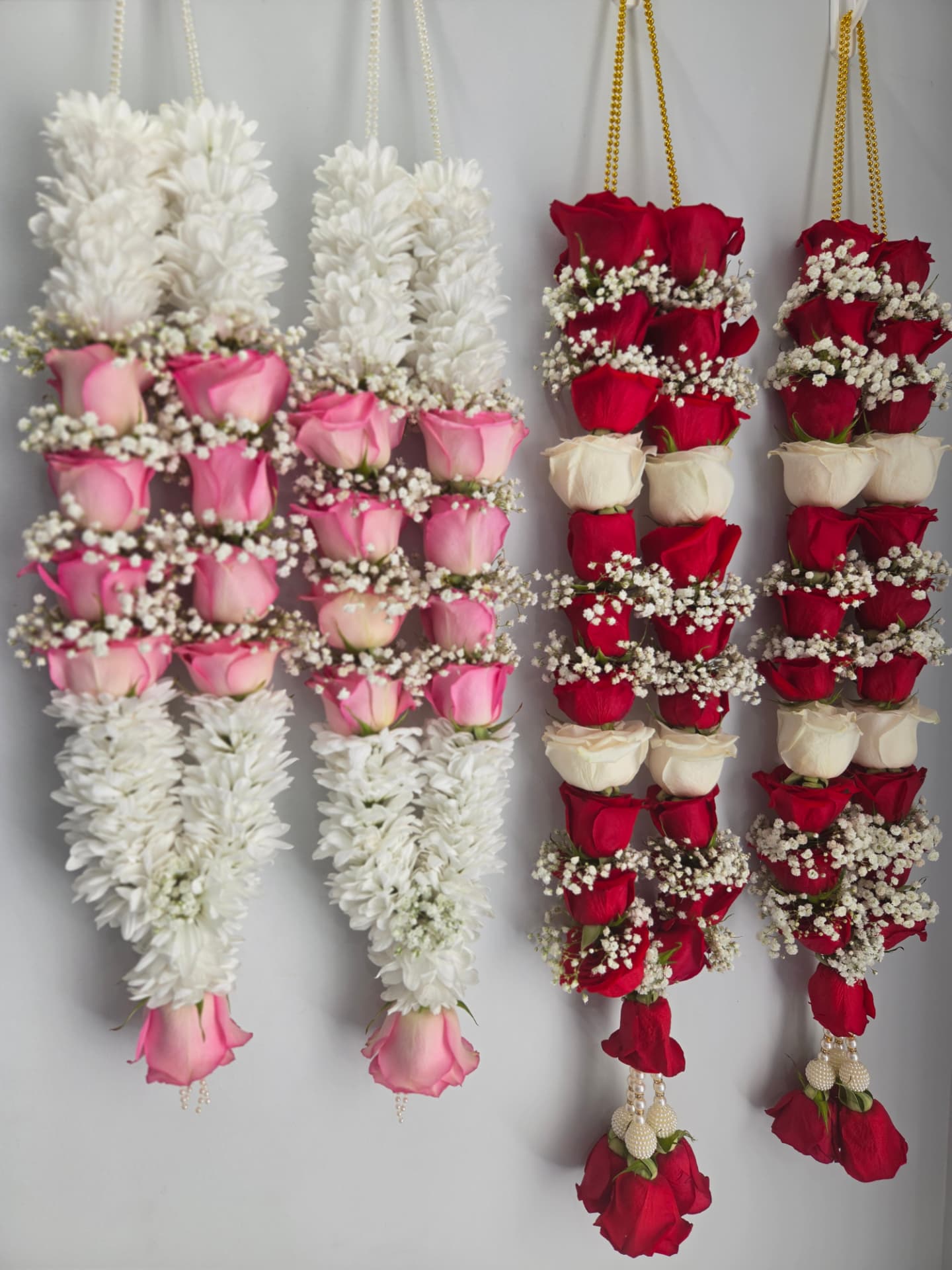 Pink and white plus red and ivory rose garland sets with pearl tassels